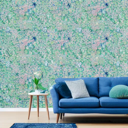 Image similar to interior of a living room, floral wallpaper texture, blue, green, pink, photorealist, 4 k