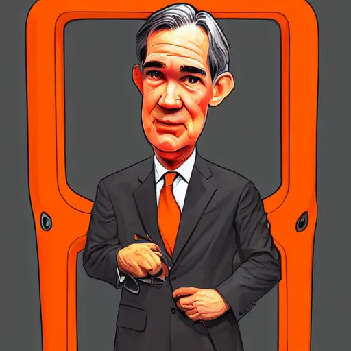 Image similar to Jerome Powell in an orange jail suit, digital art, artstation, caricature, satire