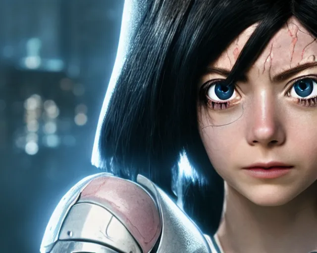 Image similar to a film still from battle angel alita played by actress emma stone, portrait, cinematic lighting, photorealistic, hyperrealistic, highly detailed, photorealistic, high resolution, 4 k