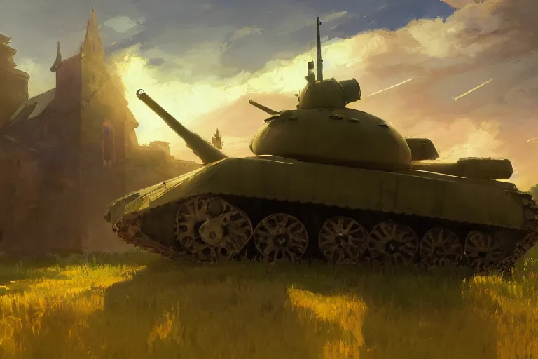 Image similar to church combined with a tank. in an open field. key visual, conceptart, ambient lighting, highly detailed, digital painting, artstation, concept art, sharp focus, by makoto shinkai and akihiko yoshida and greg manchess