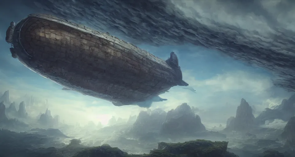 Image similar to An epic fantasy comic book style landscape painting of a fantasy airship flying through the clouds towards a city built within a chasm, unreal 5, DAZ, hyperrealistic, octane render, dynamic lighting