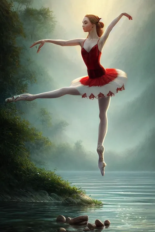Image similar to elegant elf ballerina standing in lake, highly detailed, d & d, fantasy, highly detailed, digital painting, trending on artstation, concept art, sharp focus, illustration, global illumination, ray tracing, realistic shaded, art by artgerm and greg rutkowski and fuji choko and viktoria gavrilenko and hoang lap