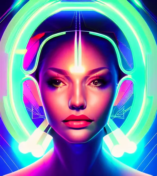 Image similar to symmetry!! latin princess of technology, solid cube of light, hard edges, product render retro - futuristic poster scifi, lasers and neon circuits, beautiful woman latin princess, intricate, elegant, highly detailed, digital painting, artstation, concept art, smooth, sharp focus, illustration, dreamlike, art by artgerm