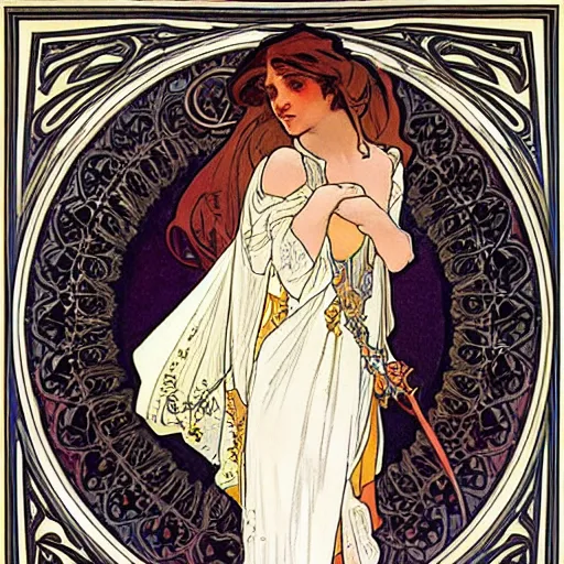 Prompt: hermione by alphonz mucha