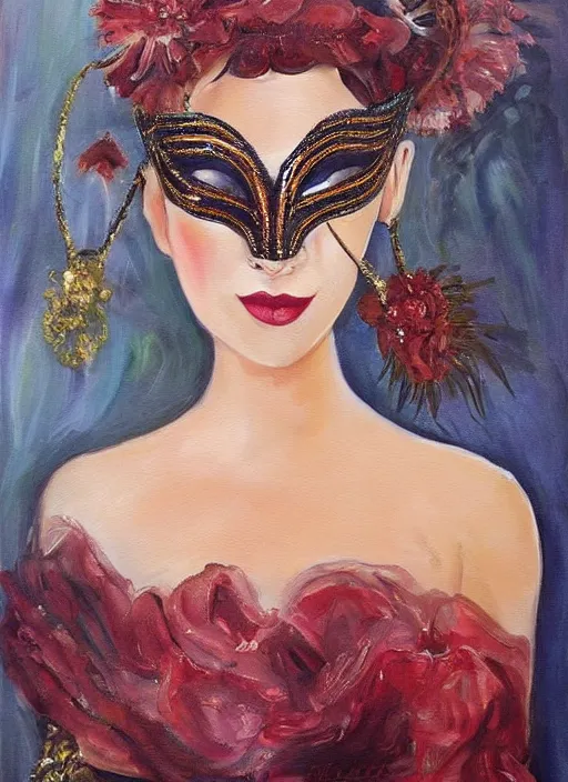 Prompt: a beautiful woman wearing an elaborate masquerade mask and matching ballgown, looking at the viewer with an alluring expression. painting by magali villanueve