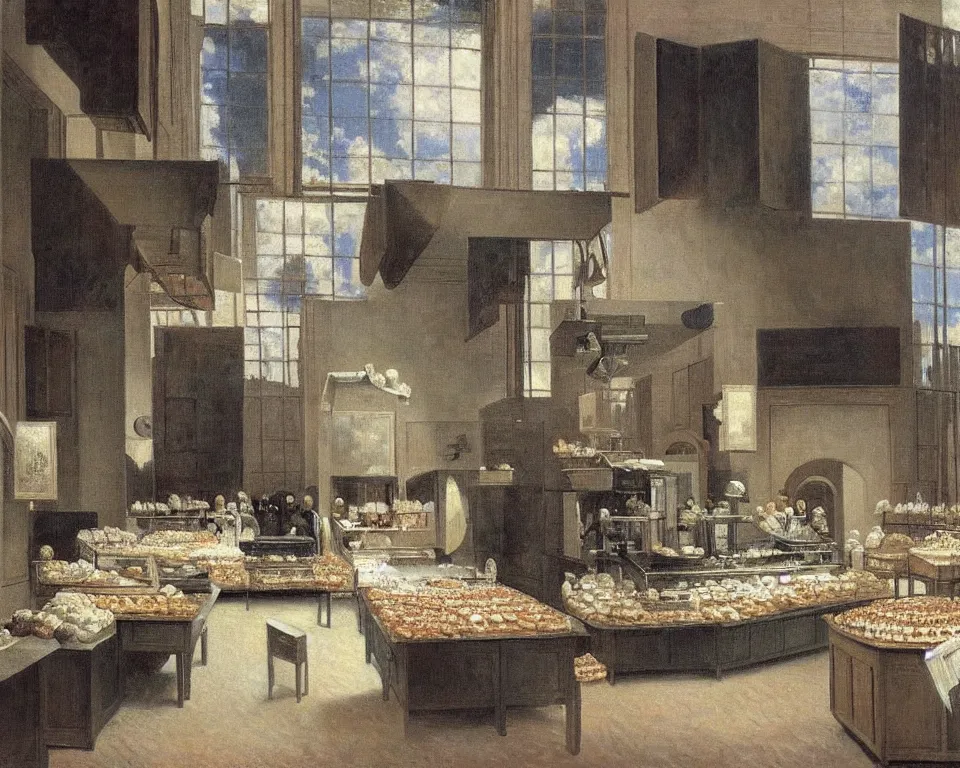 Prompt: achingly beautiful painting of a sophisticated, well - decorated bakery kitchen by rene magritte, monet, and turner. piranesi.