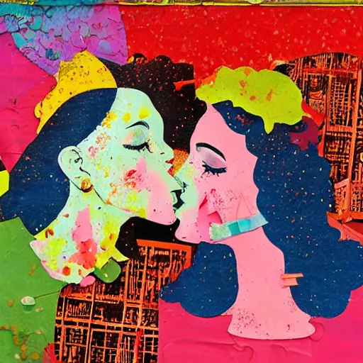 Prompt: two women kissing at a carnival, mixed media collage, retro, paper collage, magazine collage, acrylic paint splatters, retro psychedelia,