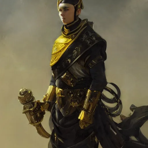 Image similar to Medium closeup young idealistic and pious male Imperial soldier wearing a black tabard with light yellow accents over a gambeson and a {perfect barbut helm}, by Raymond Swanland Greg Rutkowski Lise Deharm, {perfect face}, {perfect eyes}