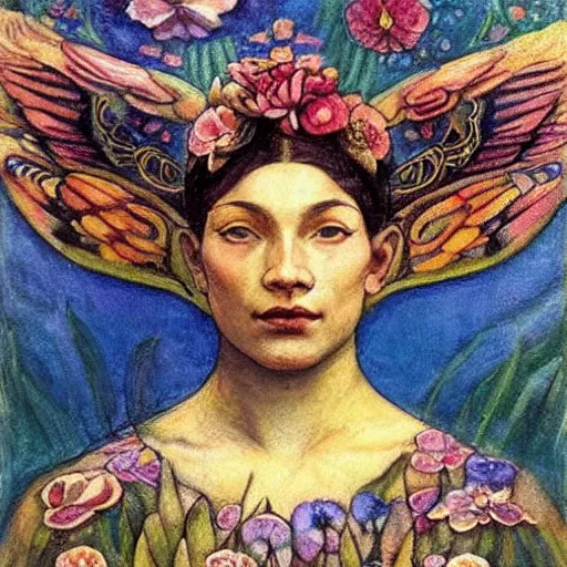 Prompt: the flower crown, by Annie Swynnerton and Nicholas Roerich and Diego Rivera, bioluminescent skin, floral tattoos, wings made out of flowers, elaborate costume, geometric ornament, symbolist, smooth, sharp focus, extremely detailed