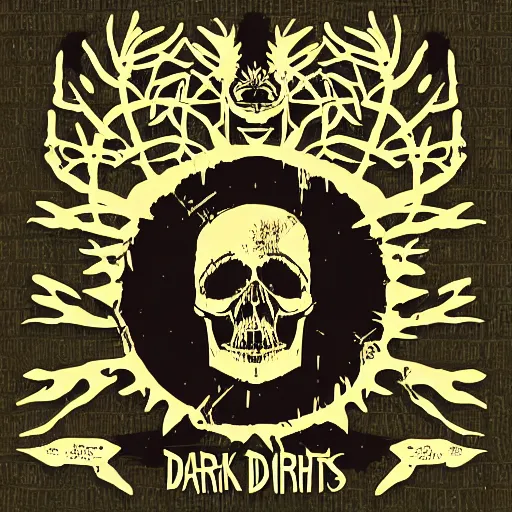 Image similar to dark death metal themed vector illustration for a record label, trees. forest, spikes, skull, microphone, skull, award winning, grunge, iconic, golden ratio