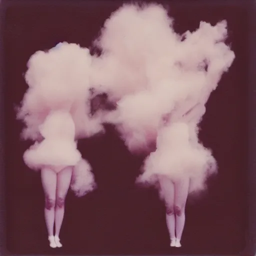 Prompt: polaroid of headless dancers that are made from cotton candy, smoke and clouds
