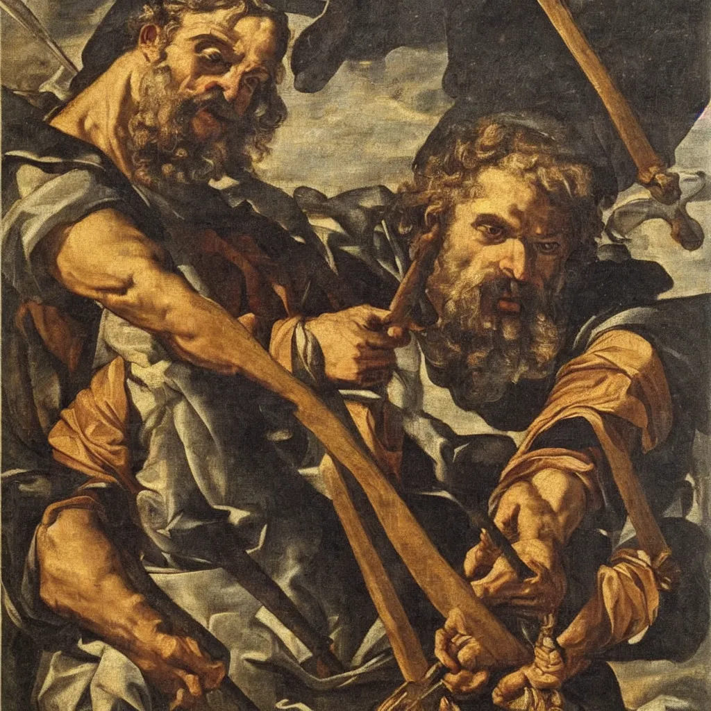 Prompt: a very detailed portrait of Saint Paul holding a sword, very detailed face, oil painting by Carracci