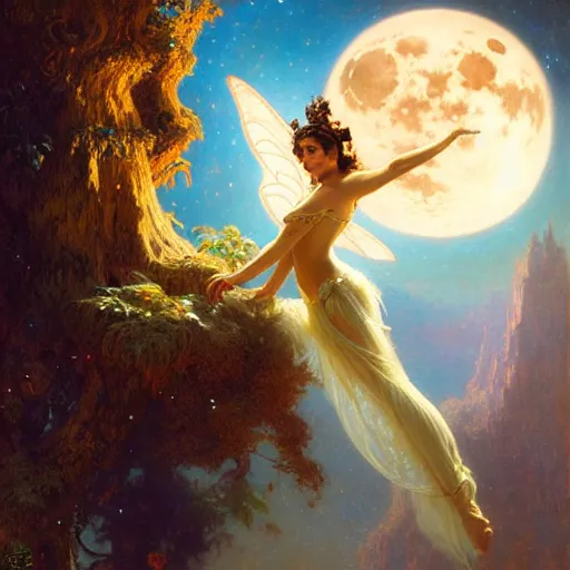 Image similar to attractive fairy queen fly high in the night, fantasy, full moon in background. hyper detailed painting by gaston bussiere, craig mullins, j. c. leyendecker, mid shot, 8 k, cryengone, cinematic lighting, beautiful,