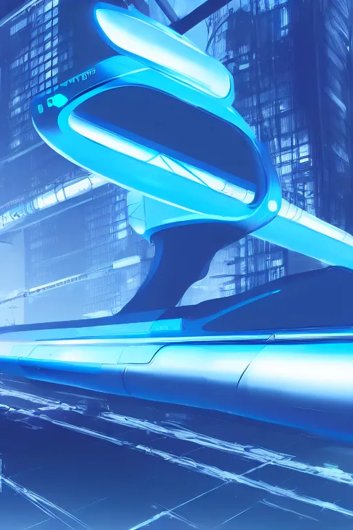 Prompt: transparent long cyberpunk blue neon giant plastic hyperloop sci fi concept art, zaha hadid, artstation, smooth, sharp focus,