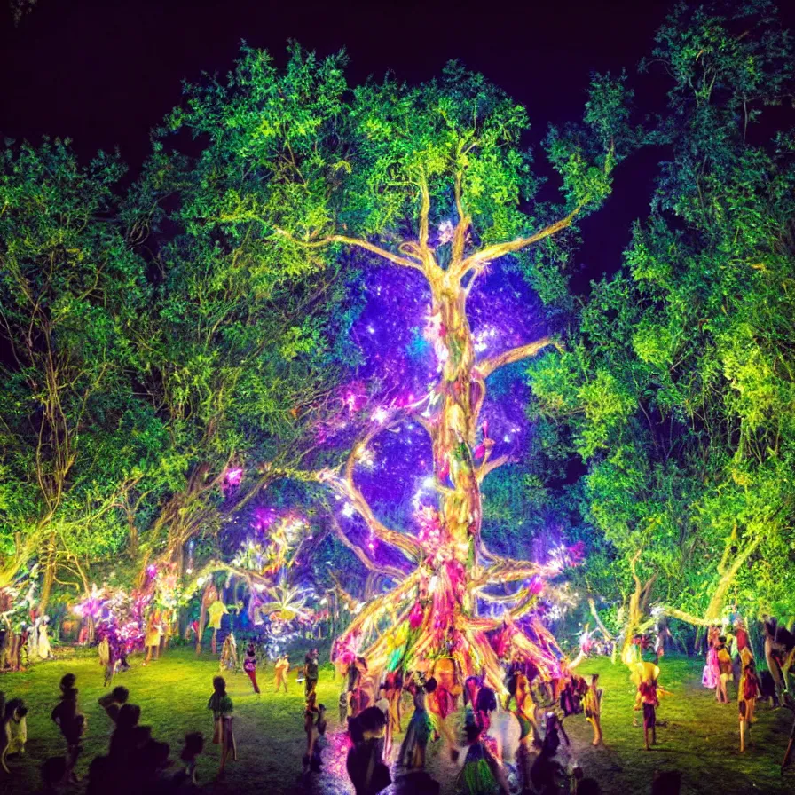 Image similar to a night carnival fairies around a magical tree next to a lake with iridiscent water, christmas lights, volumetric lightning, creatures and fantastic people disguised as fantastic creatures in a magical forest by summer night, masterpieceunderwater scene, masterpiece painted by slim aarons, scene by night