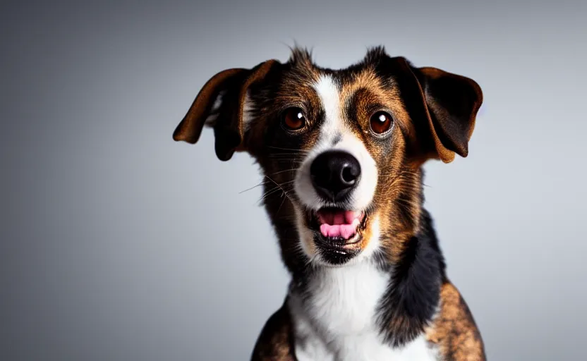 Image similar to studio photography of a funny dog, detailed face, cinematic lighting, 8 k
