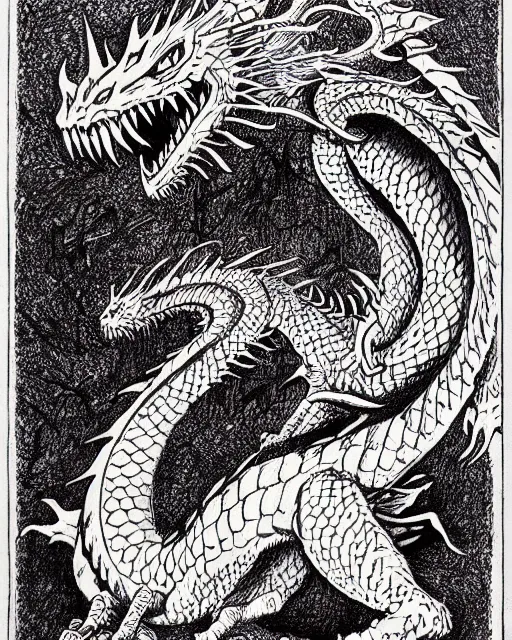 Image similar to blue eyes white dragon as a d & d monster, pen - and - ink illustration, etching, by russ nicholson, david a trampier, larry elmore, 1 9 8 1, hq scan, intricate details, high contrast