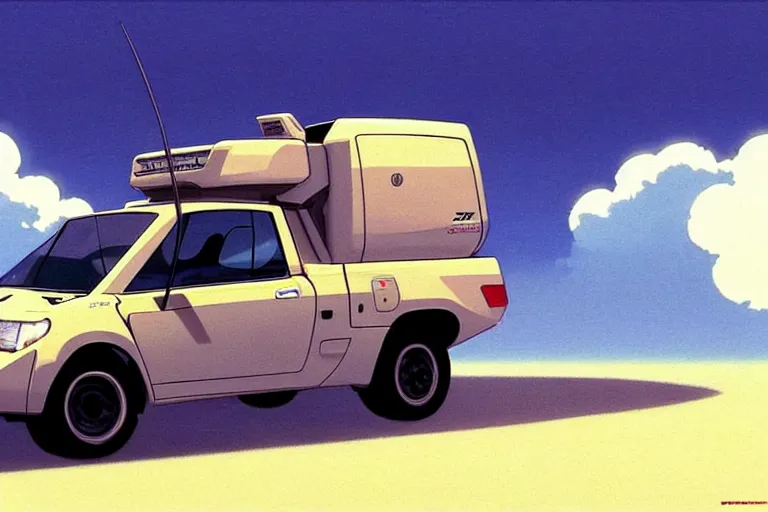 Image similar to honda e kei truck with tank treads, painted by greg rutkowski makoto shinkai takashi takeuchi studio ghibli, akihiko yoshida 2 0 0 1 space odyssey