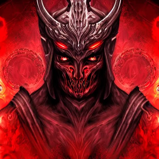 Image similar to epic chthonic ancient warrior black veins red demonic eyes, red smoke on the background by Boris Valejio, high detailed digital art