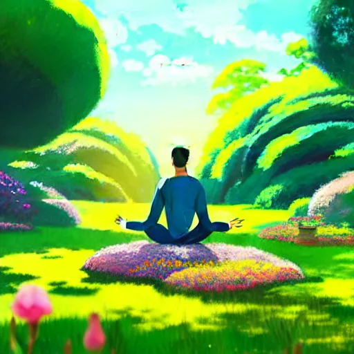 Prompt: a painting of a man meditating in the middle of a garden, dreamy, shrubery, flowers, golden hour, dreamy, 8 k concept art, enhanced hands, hyperrealistic, by studio ghibli, disney - style