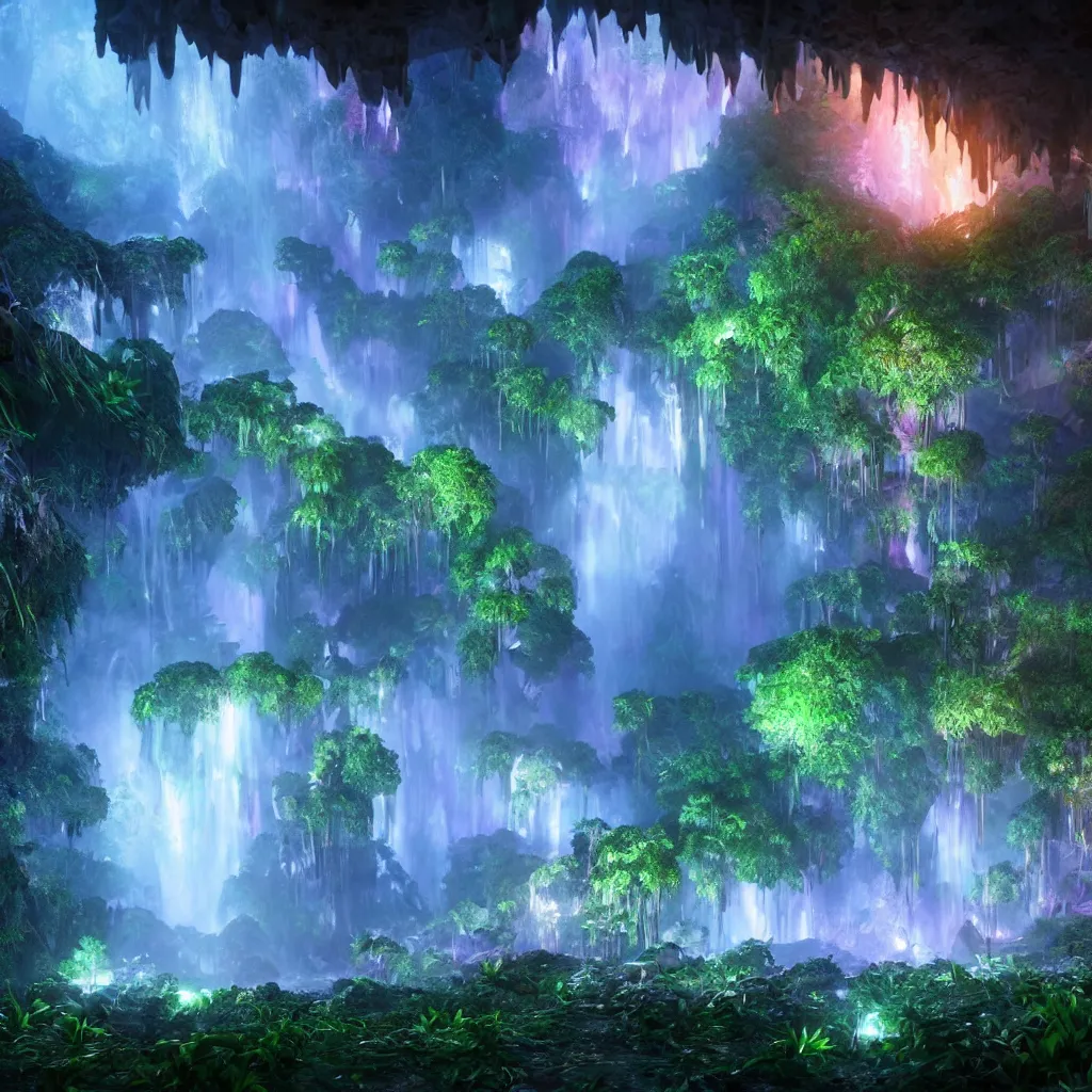 Prompt: a beautiful and stunning digital render of an epic glowing crystal cave, a lush prehistoric jungle, dimly glowing mushrooms, haze, waterfall, volumetric lighting, photorealistic, unreal engine 5, ultra detail, trending on artstation
