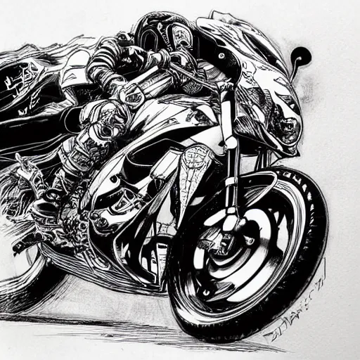 Prompt: an incredibly detailed ink pen drawing of a japanese female in motorcycle clothing by kim jung gi