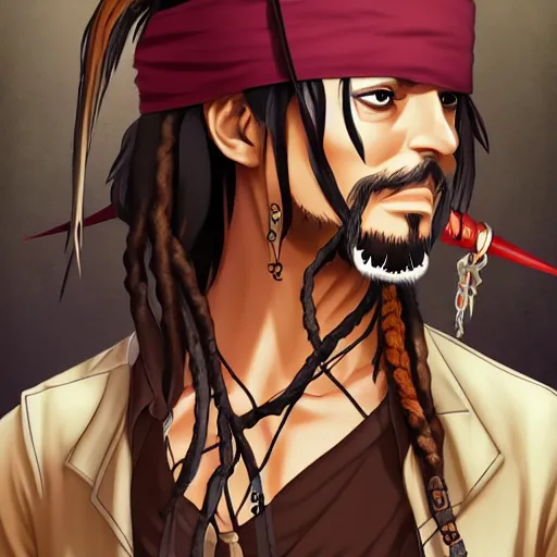 Image similar to portrait of captain jack sparrow, anime fantasy illustration by tomoyuki yamasaki, kyoto studio, madhouse, ufotable, trending on artstation