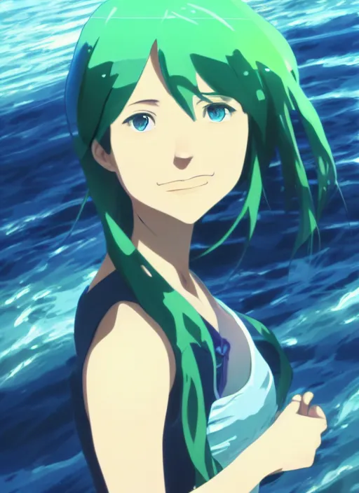 Image similar to makoto shinkai, ilya kuvshinov, beautiful kristen bell with green dress, very long blue hair, water powers water swirling, symmetrical face, symmetrical eyes, detailed, beach setting, cinematic lighting