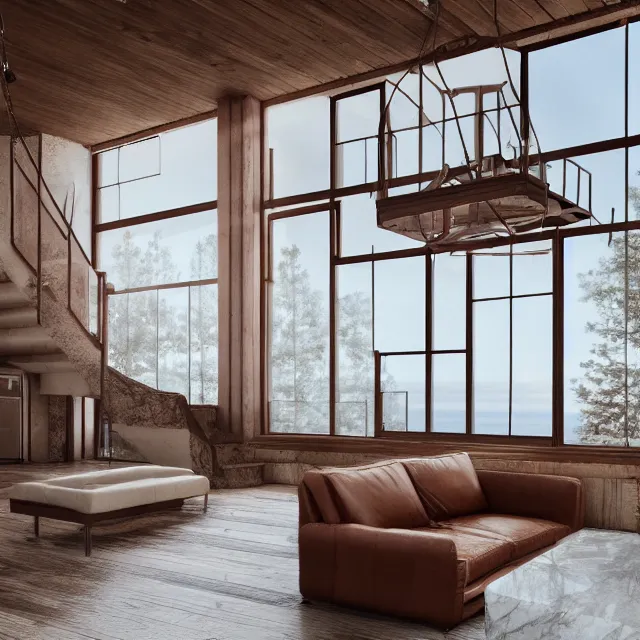 Prompt: post and beam a - frame interior, tall ceilings and loft, caramel leather couch, vintage fridge, large window in back with ocean scenery, marble countertops, spiral staircase, realistic, unreal engine render, octane render, hyper realistic, photo, 8 k