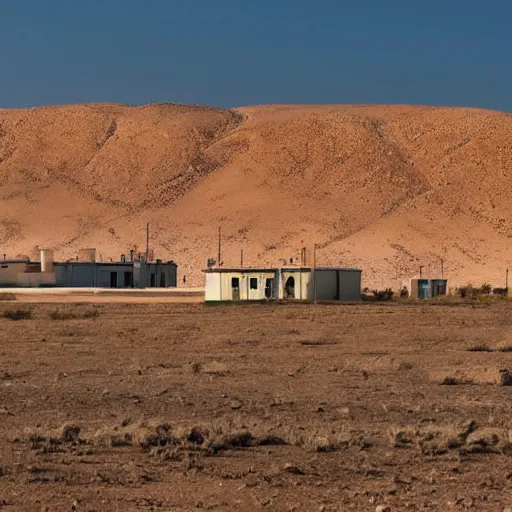 Image similar to A soviet-era residential block standing in the middle of an empty desert, sunny weather