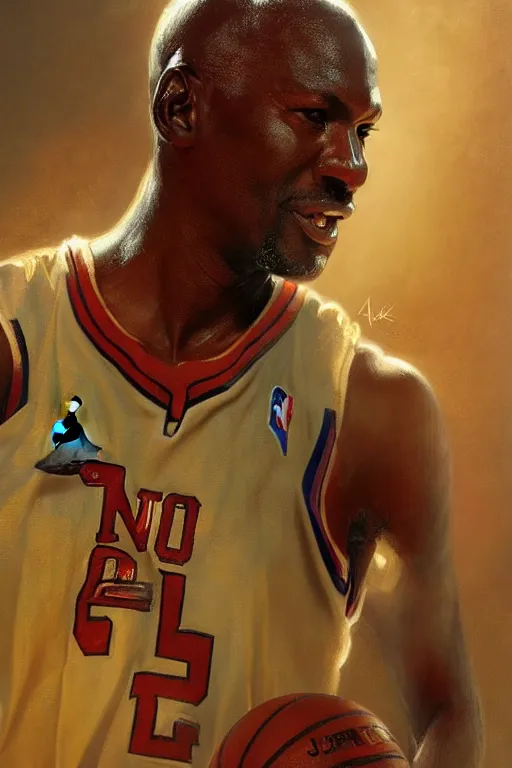 Image similar to michael jordan warrior, detailed, 8 k, trending on artstation, smooth, sharp focus artwork by, mark keathley, greg rutkowski and alphonse mucha