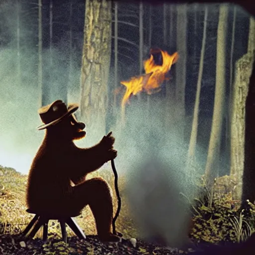 Image similar to UHD candid photo of Smokey The Bear in the lavatory sitting on a porcelain throne, playing with fire, by Annie leibowitz, photorealisitc, extremely detailed