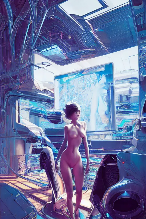 Image similar to the most amazing dream you ever had about beautiful woman transhumanism artificial intelligence singularity, hyper realistic, concept art, intricate, hyper detailed, smooth, syd mead, high contrast, neon, volumetric lighting, octane, raytrace, moebius