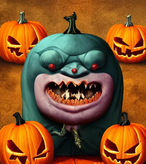 Image similar to a tim burton design of a unnerving king creature made of pumpkin, wearing a robe, giant and fat, laughing, sitting on a stone throne, detailed game art illustration, menacing carved facial expression, creepy lighting, dynamic pose, 4 k artstation, masterpiece