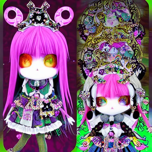 Image similar to baroque bedazzled gothic royalty frames surrounding a pixelsort emo demonic horrorcore japanese beautiful jester decora moe doll, low quality sharpened graphics, remastered chromatic aberration, detailed maximalist sanrio art