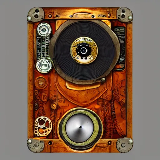 Image similar to steampunk reel to reel tape player, fisheye, digital art, 8k, fine details, trending on artstation