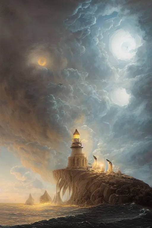 Prompt: Detailed Exterior Shot of Deadly Stormy Lighthouse of Alexandria, light of sin, moonlight shafts, flock of birds, overcast atmosphere, in Style of Peter Mohrbacher, cinematic lighting