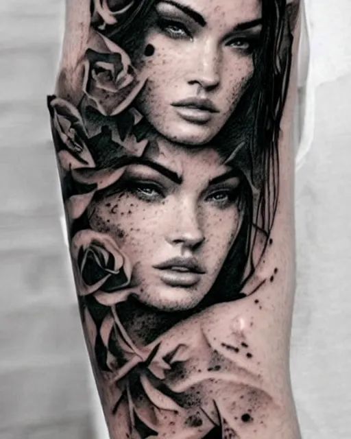 Image similar to creative double exposure effect tattoo design sketch of megan fox faded in beautiful mountain scenery, realism tattoo, in the style of matteo pasqualin, amazing detail, sharp