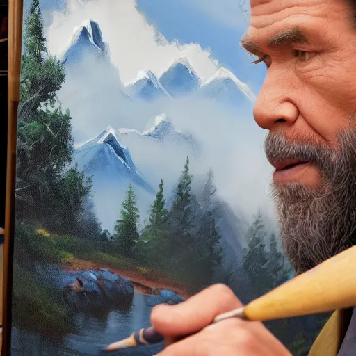 Image similar to a closeup photorealistic photograph of bob ross working on a canvas painting of dr. strange. film still. brightly lit scene. mountains and trees. this 4 k hd image is trending on artstation, featured on behance, well - rendered, extra crisp, features intricate detail, epic composition and the style of unreal engine.