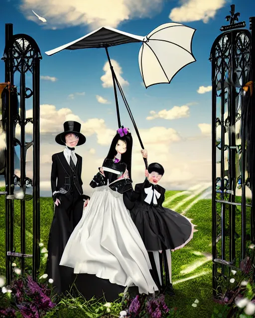 Image similar to a gothic lolita gown woman with a parasol and gothic lolita man with a suit and tie sitting on a cloud surrounded with cibi angles and by the gates of heaven 3 d digital art