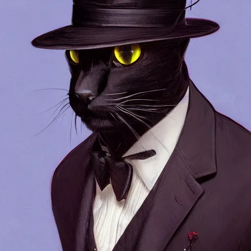 Prompt: portrait of a black cat wearing a suit and a hat, intricate, headshot, highly detailed, digital painting, artstation, concept art, sharp focus, cinematic lighting, illustration, art by artgerm and greg rutkowski, alphonse mucha, cgsociety