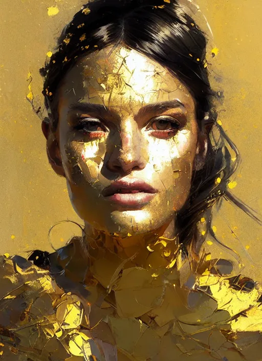 Image similar to outdoor portrait of a beautiful girl, shades of gold, beautiful face, rule of thirds, intricate outfit, spotlight, by greg rutkowski, by jeremy mann, by francoise nielly, digital painting