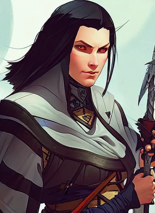 Prompt: concept art of a dangerous dark haired female warlord. witcher 3 character design by laurie greasley and sherree valentine daines concept art, matte, sharp focus, illustration, hearthstone, art by artgerm and greg rutkowski and alphonse mucha