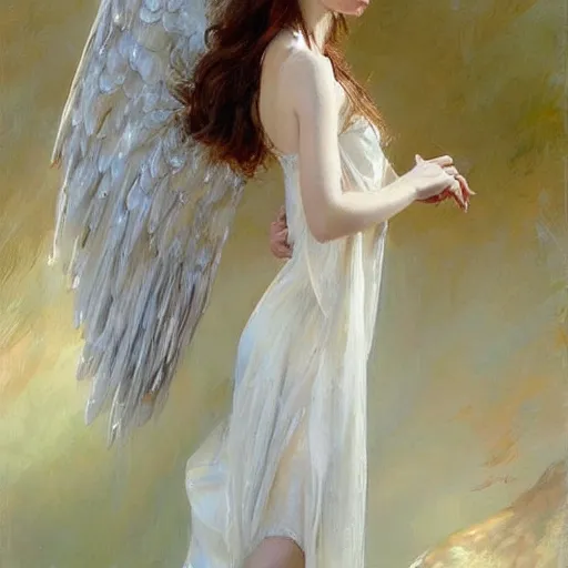 Image similar to a beautiful portrait of an angel with pretty face and her huge white wings spread out painted by gerhartz, highly detailed, beautiful, back lit, graceful and elegant, ethereal.