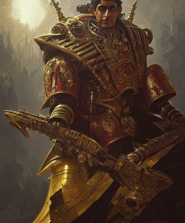 Image similar to Rishi Sunak as Warhammer 40k Emperor, portrait, fantasy, intricate, elegant, highly detailed, digital painting, artstation, concept art, smooth, sharp focus, illustration, art by artgerm and greg rutkowski and alphonse mucha