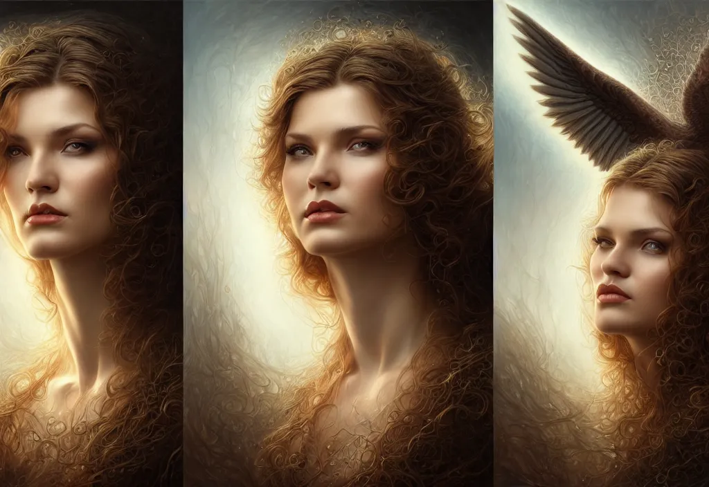 Image similar to picture split from the middle with an border, evil angels with different backrounds, intricate, elegant, highly detailed, realistic hair, centered, digital painting, art station, conceptual art, soft, sharp focus, illustration, artwork, artgerm, tomasz alen kopera, donato giancola, wlop, boris vallejo