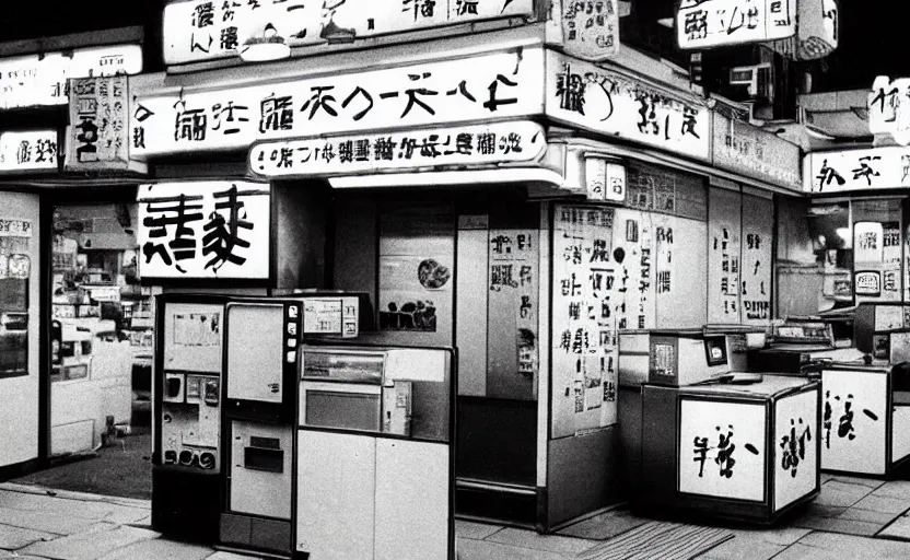 Image similar to japanese convenient store after midnight, 1 9 9 0 s, empty, television screens with static noise, bright fluorescent light