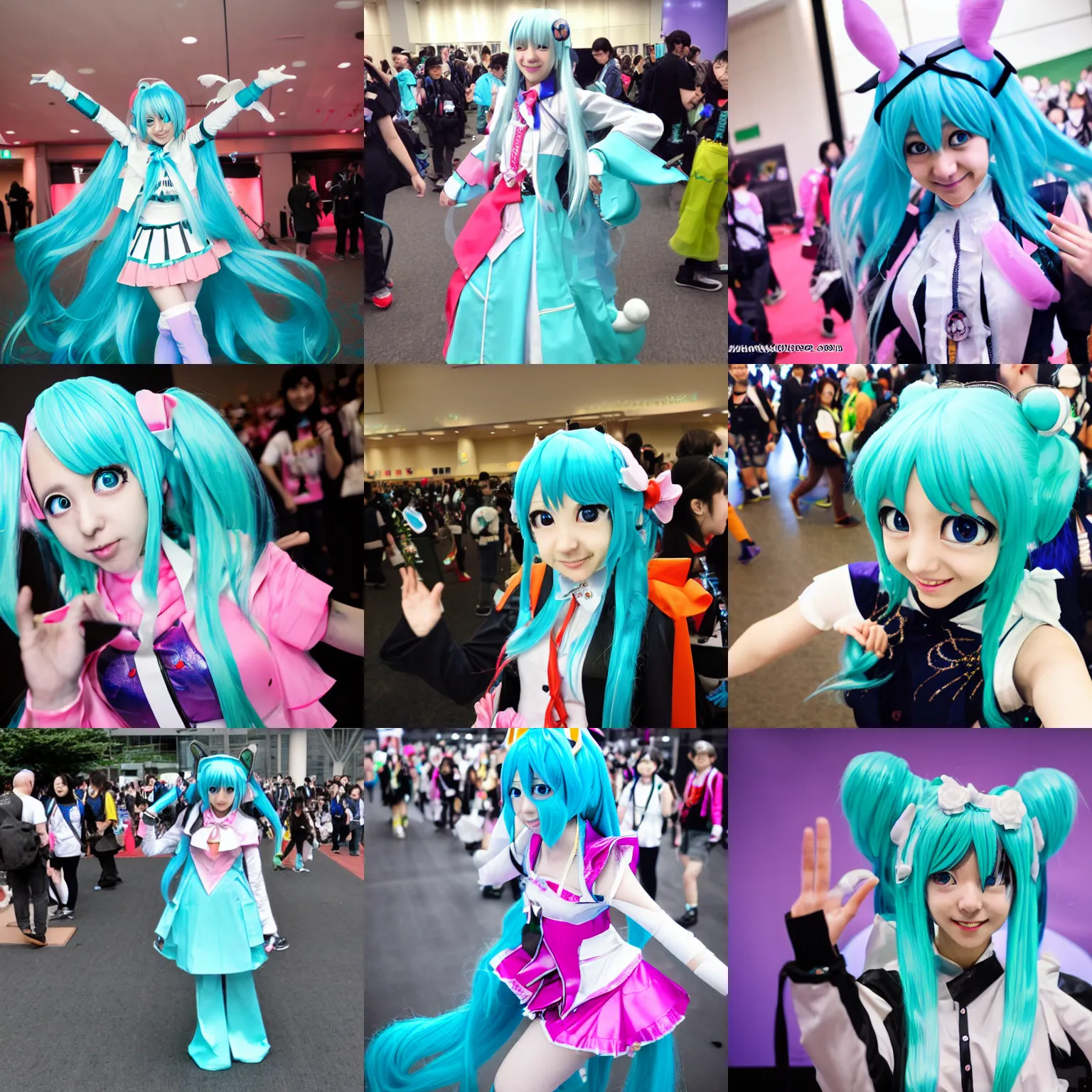 Prompt: a photo of hatsune miku in animefest and sakura - con and world cosplay summit.