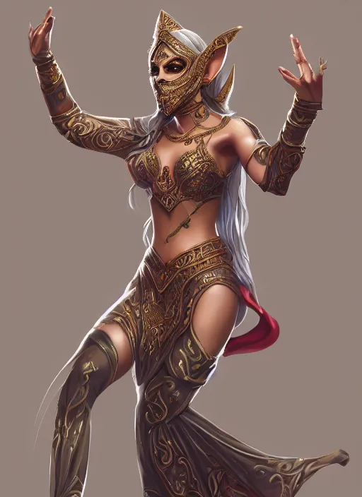 Image similar to a highly detailed illustration of a masked elegant elf arabian dancer, gracefully belly dancing pose, waving arms, intricate, elegant, highly detailed, centered, digital painting, artstation, concept art, smooth, sharp focus, league of legends concept art, WLOP