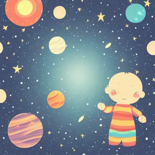 Prompt: lonley and gloomy baby in middle of space surrounded by colorful stars planets and galaxies, grainy design, high quality, 4 k, award winning